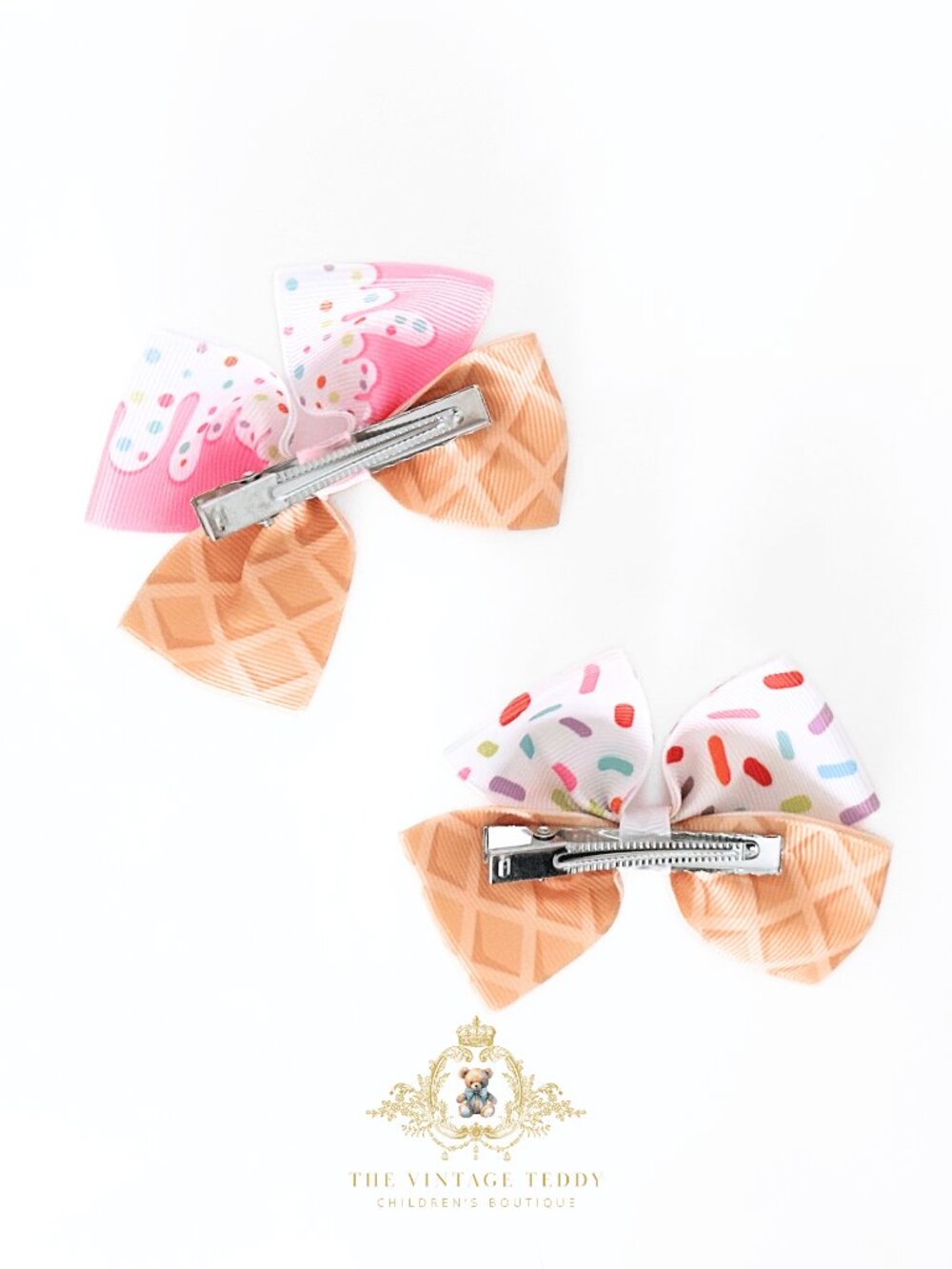 NWT Cute & Sweet Girls Hair Bows Grosgrain Ribbon Ice Cream & Sprinkles Set of 2 - Picture 2 of 2